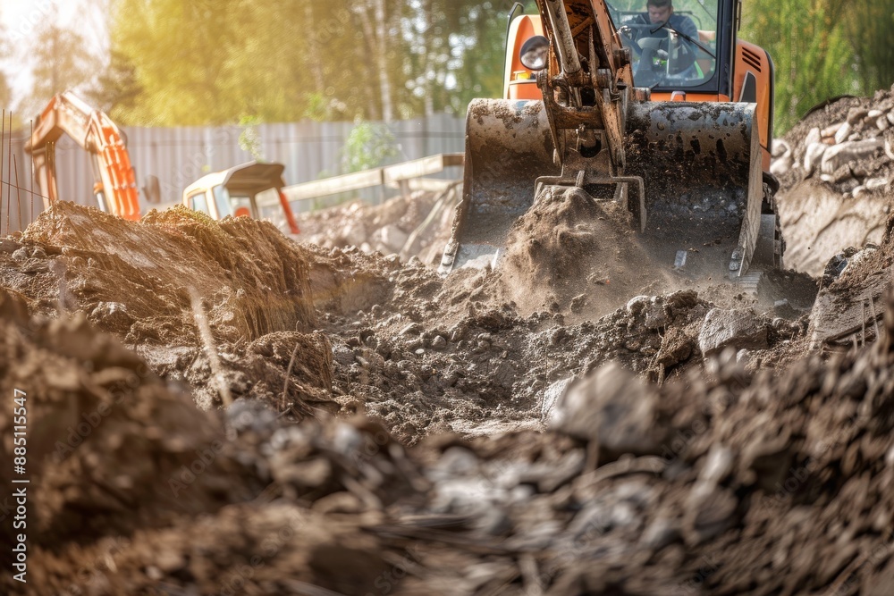 Fototapeta premium Close-Up of Crawler Backhoe on Soil. Beautiful simple AI generated image in 4K, unique.