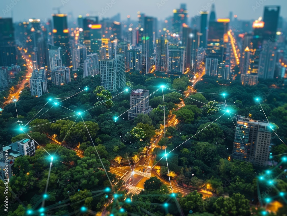 illustration of a future city with city parks and tall buildings and interconnected with a glowing internet network. smart city concept illustration of a future city with city parks and tall buildings and interconnected with a glowing internet network. smart city concept