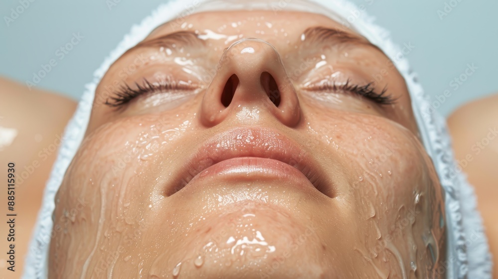 A closeup image focusing on a forehead covered with water droplets, adorned with a white headband, creating a refreshing and serene atmosphere suggesting a spa-like experience. A closeup image focusing on a forehead covered with water droplets, adorned with a white headband, creating a refreshing and serene atmosphere suggesting a spa-like experience.