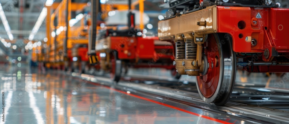 Automotive Assembly Line: Car Wheels Transported on Trolleys in Factory Setting Automotive Assembly Line: Car Wheels Transported on Trolleys in Factory Setting