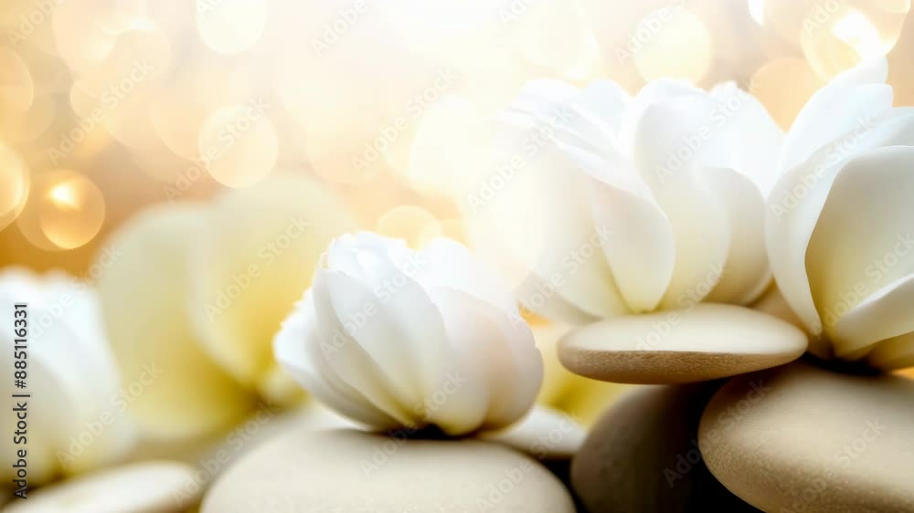 White flowers and smooth stones with a soft bokeh background