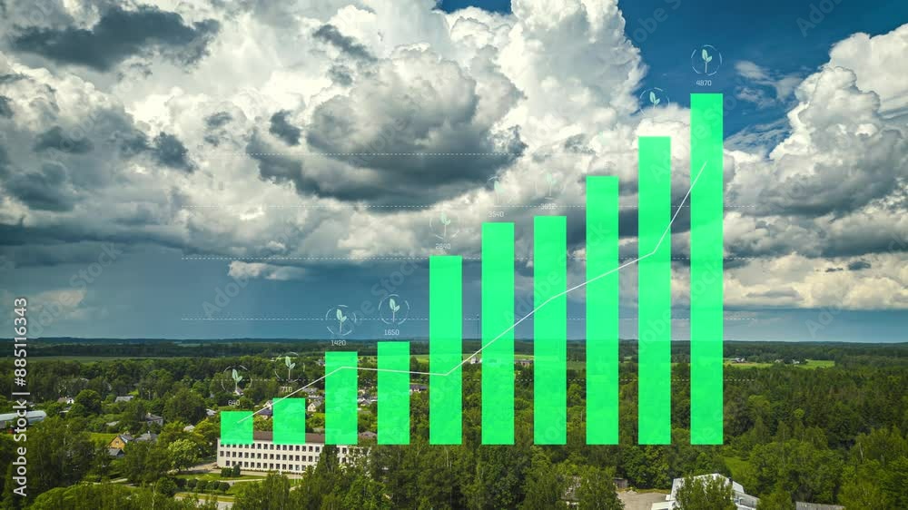 Bar graph showing energy savings resulting from sustainable conservation solutions - aerial hyper lapse over a green city