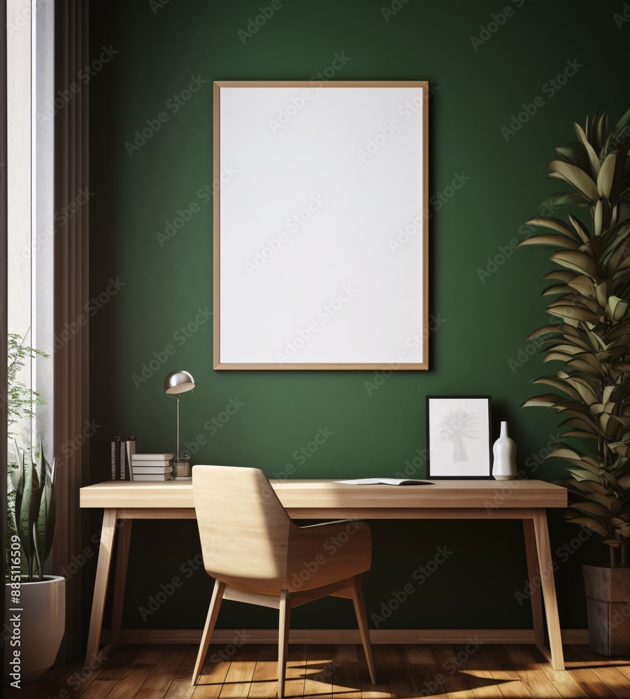 Minimal and comfort home working space interior with wooden furniture, copy space for montage on wooden table and blank frame on white wall. Minimal and comfort home working space interior with wooden furniture, copy space for montage on wooden table and blank frame on white wall.
