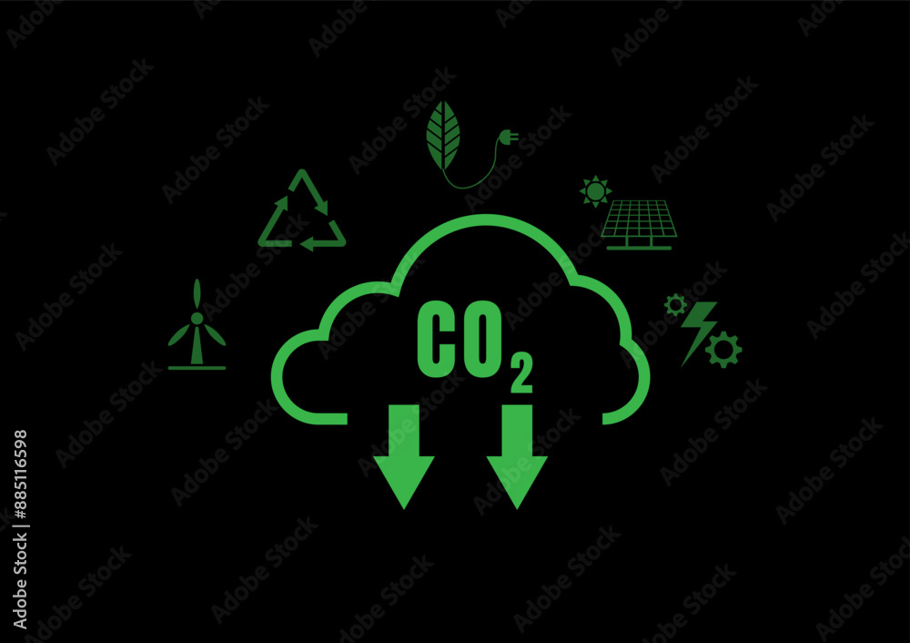 Carbon Dioxide Reduction Concept. Green clouds and the CO2 symbol, down arrow with the icon of electric scooters, solar cells, wind power generating electricity, recycling waste on black background. Carbon Dioxide Reduction Concept. Green clouds and the CO2 symbol, down arrow with the icon of electric scooters, solar cells, wind power generating electricity, recycling waste on black background.