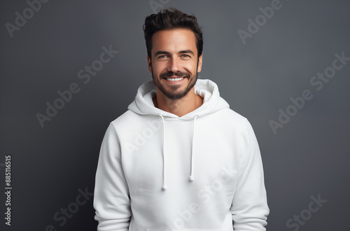 Smiling Man in a White Hoodie Standing Against a Gray Background with a Confident and Friendly Expression