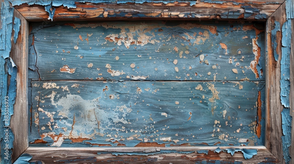 Close-up of a weathered, peeling blue paint wooden frame with rustic and distressed texture, perfect for a vintage or retro aesthetic. Close-up of a weathered, peeling blue paint wooden frame with rustic and distressed texture, perfect for a vintage or retro aesthetic.