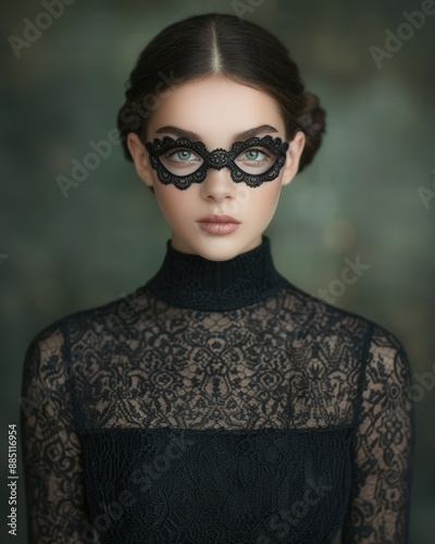 Mystical Gothic Portrait Enigmatic Woman in Ornate Mask and Intricate Jewelry Captivating Eyes and Braided Hair Amidst a Foggy Forested Background Evoking Dark Fantasy and Ethereal Beauty Brainstormin photo