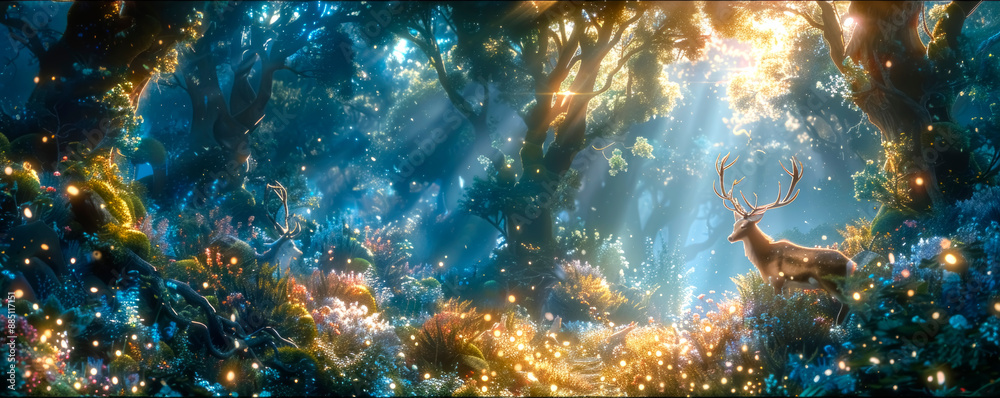 In a mystical forest, a graceful deer, adorned with shimmering ivy and garlands of flowers, explores a meadow of radiant flowers. of magic and harmony with nature. In a mystical forest, a graceful deer, adorned with shimmering ivy and garlands of flowers, explores a meadow of radiant flowers. of magic and harmony with nature.