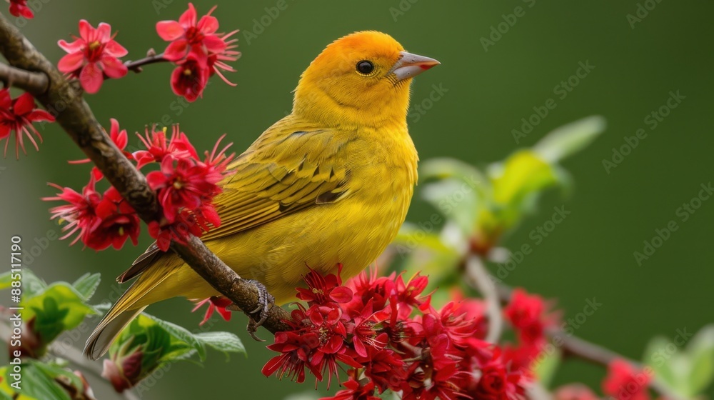 Fototapeta premium Bright yellow bird perched on a blooming branch with vivid red flowers, surrounded by a lush green background.