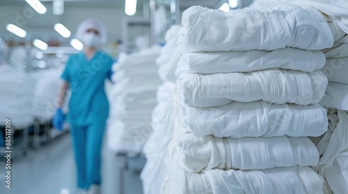 A healthcare professional in scrubs seen walking past stacks of neatly folded white linens in a hospital setting, indicating cleanliness and order. photo