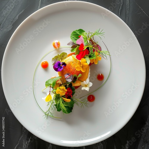 Elegant gourmet dish with vibrant edible flowers and herbs on a white plate, showcasing fine dining and culinary artistry. photo