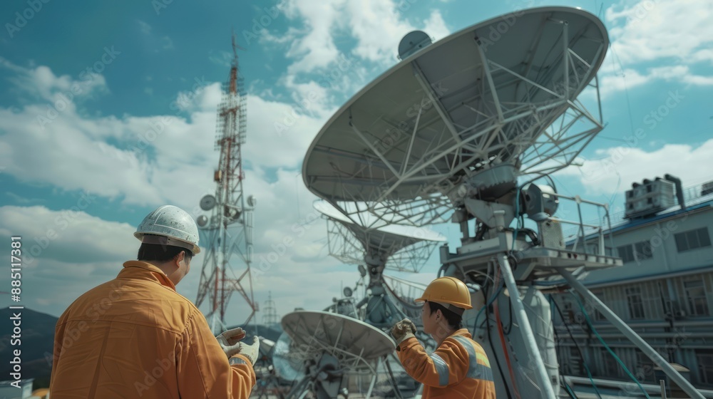 A team of engineers works on inspection and maintenance of satellite dish antennas. A team of engineers works on inspection and maintenance of satellite dish antennas.