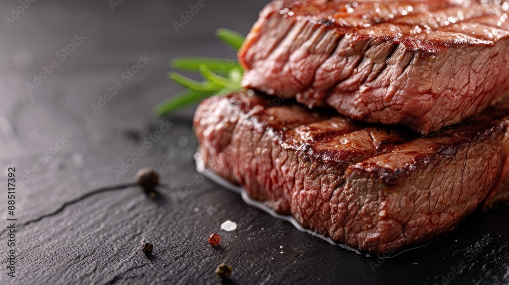Sizzling grilled beef steaks seasoned with fresh rosemary, placed on a dark black slate, capturing the essence of fine dining and gourmet grilling. Sizzling grilled beef steaks seasoned with fresh rosemary, placed on a dark black slate, capturing the essence of fine dining and gourmet grilling.