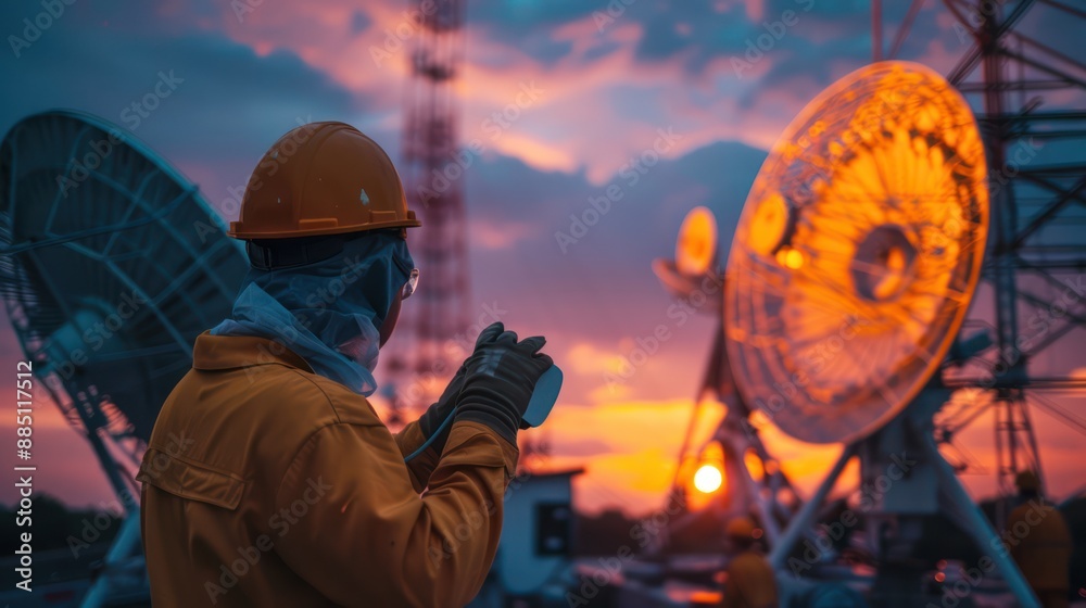Fototapeta premium A team of engineers works on inspection and maintenance of satellite dish antennas.