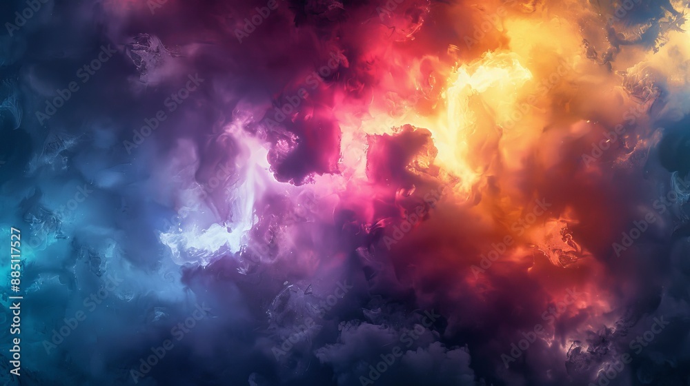 Naklejka premium Vibrant abstract image of colorful clouds with hues of blue, red, and yellow, creating a dynamic and visually striking scene.