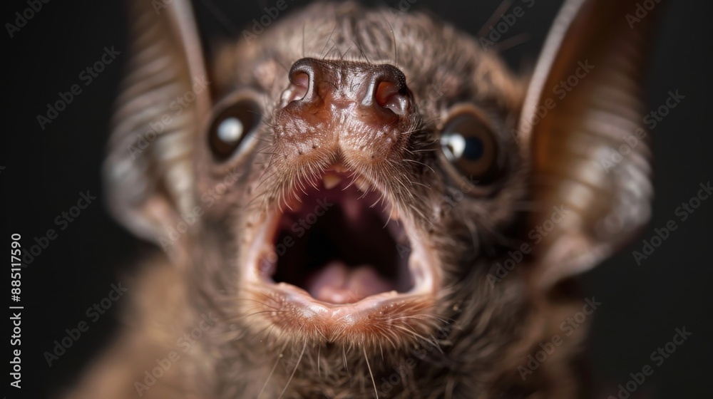 Obraz premium An up-close image of a bat with its mouth open and large expressive eyes, capturing the unique and intriguing features of this nocturnal creature under bright lighting.
