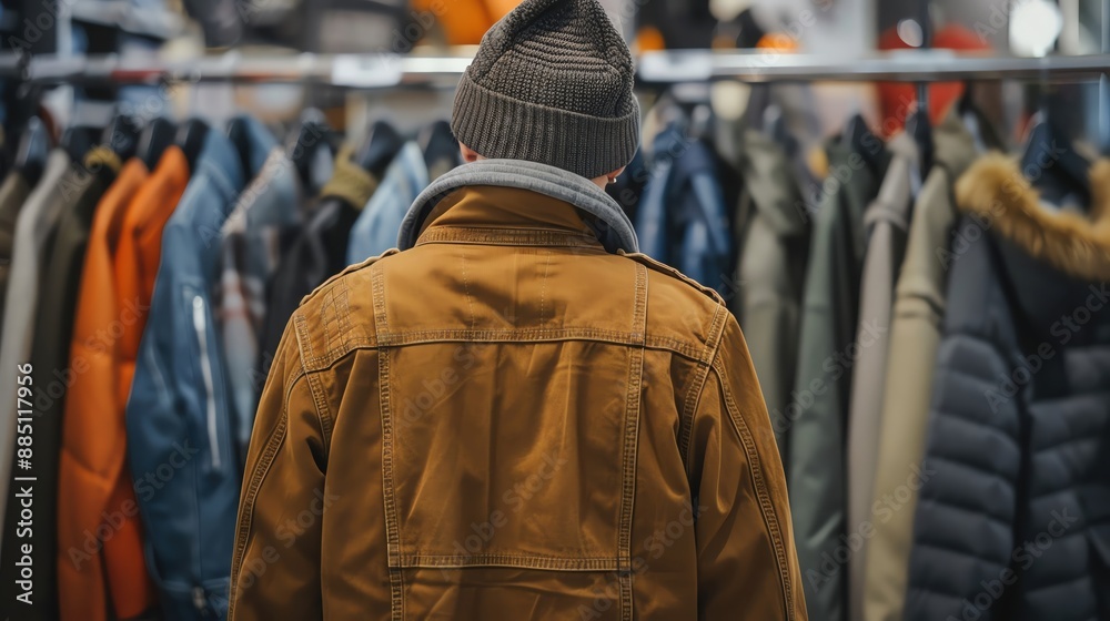 A person comparing two different jackets in a store