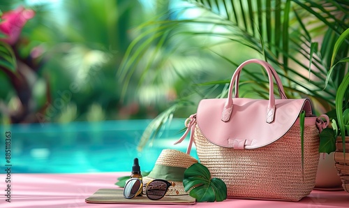 summer beach bag,elegant women s accessories on pink background top view beach bag,dress essential oil bottle book sunglasses flat lay stuff summer fashion holiday vacation concept