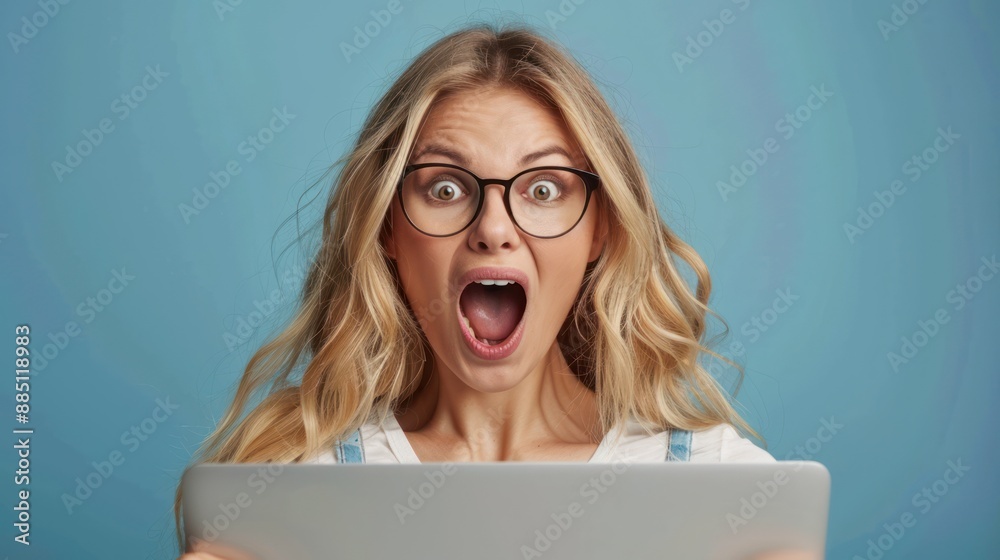 A young woman works in a small e-commerce business. Her wild and surprised celebration with wide eyes. A young woman works in a small e-commerce business. Her wild and surprised celebration with wide eyes.