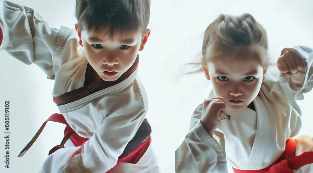 A very cute boy and girl, both wearing taekwondo uniforms, are posing mid-air in a flying kick against a pure white background, captured in super detail.