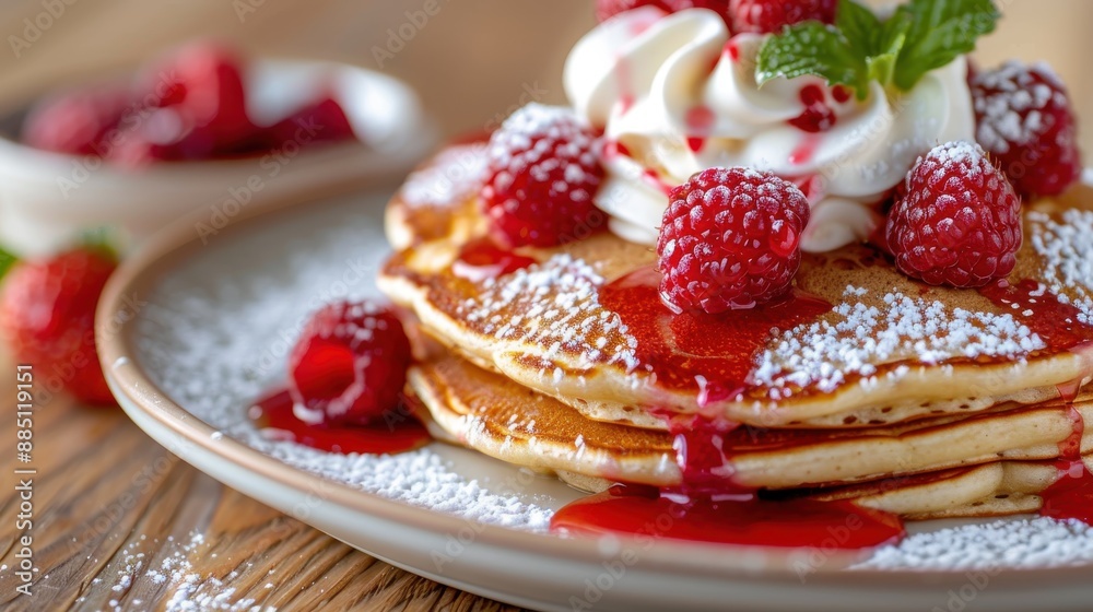 A sumptuous stack of pancakes is garnished with fresh raspberries, whipped topping, and drizzled with syrup, evoking the perfect breakfast or brunch experience. A sumptuous stack of pancakes is garnished with fresh raspberries, whipped topping, and drizzled with syrup, evoking the perfect breakfast or brunch experience.