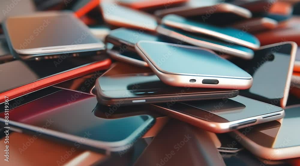 Multiple mobile phones are stacked on a table with a backdrop displaying various types and models of smartphones, highlighting concepts related to technology, advertising, sales, and marketing. Multiple mobile phones are stacked on a table with a backdrop displaying various types and models of smartphones, highlighting concepts related to technology, advertising, sales, and marketing.