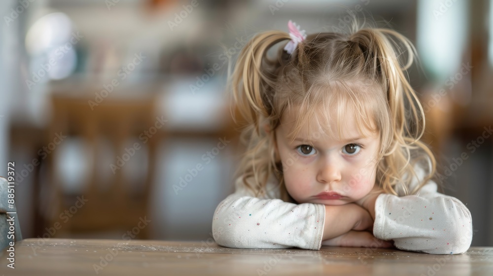A child with pigtails pouts and rests her head on her crossed arms, conveying a sense of displeasure or boredom, against a blurred background in a casual indoor environment, capturing a candid moment A child with pigtails pouts and rests her head on her crossed arms, conveying a sense of displeasure or boredom, against a blurred background in a casual indoor environment, capturing a candid moment