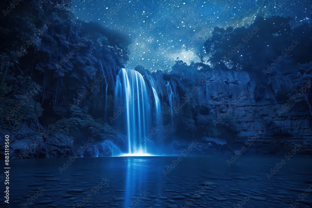 mesmerizing longexposure photograph of illuminated waterfall at night ethereal mist and glowing water trails create otherworldly atmosphere starry sky reflected in calm pool below mesmerizing longexposure photograph of illuminated waterfall at night ethereal mist and glowing water trails create otherworldly atmosphere starry sky reflected in calm pool below