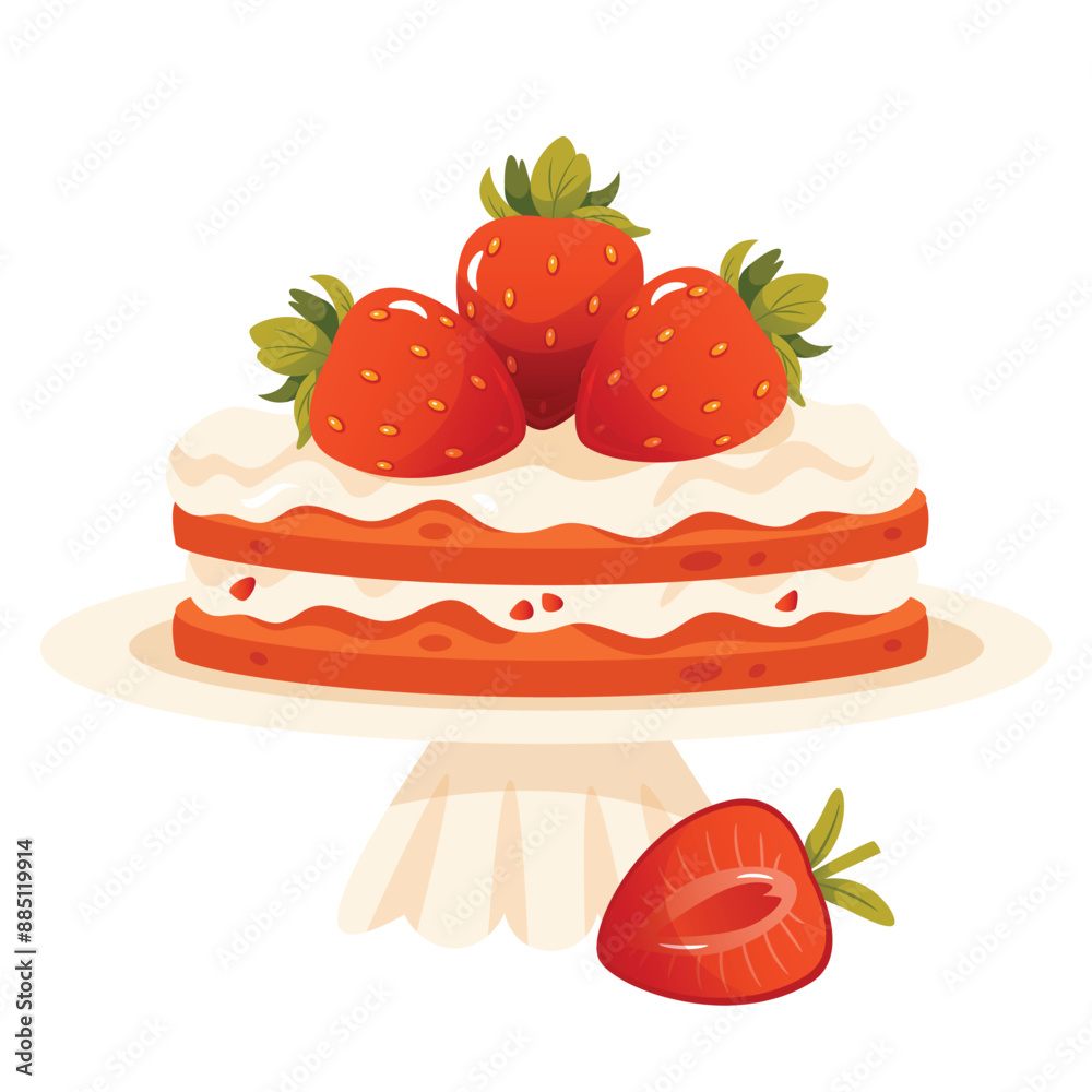 Cartoon Strawberry cake with cream. Delicious dessert food, bakery for birthday. Cartoon Strawberry cake with cream. Delicious dessert food, bakery for birthday.