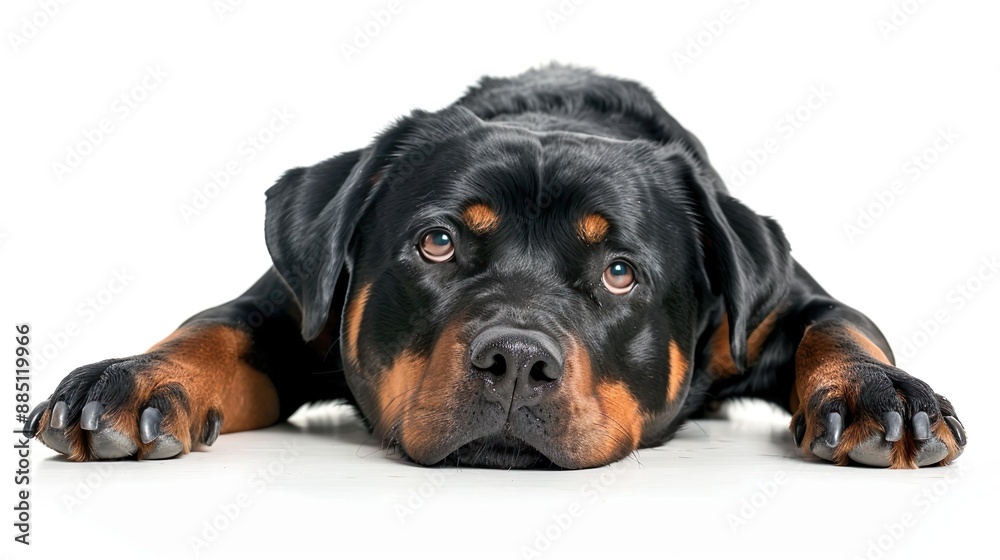 A Rottweiler lying down with a relaxed expression, isolated on a white background