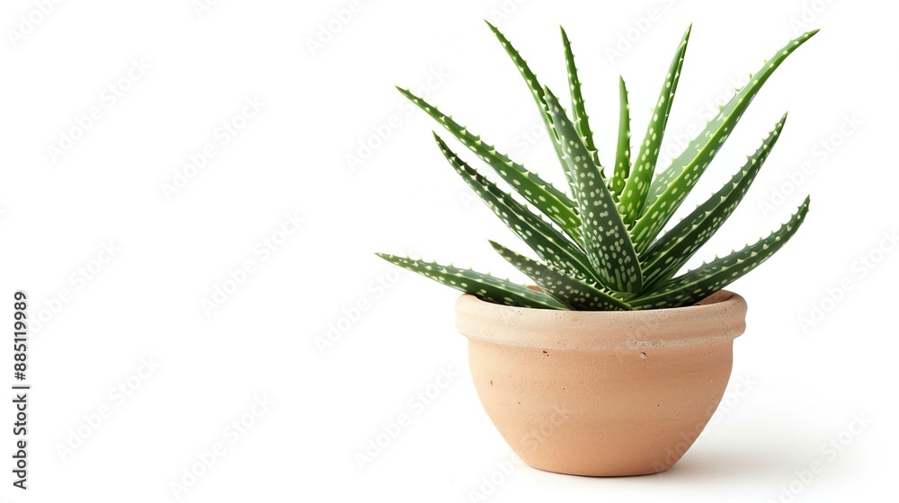 A small potted aloe vera plant isolated on a white background A small potted aloe vera plant isolated on a white background