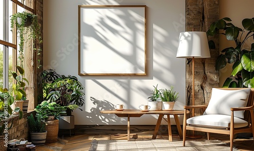 empty wooden frame mockup on table,lamp,cup of coffee elegant feminine workspace scandinavian nordic living room interior