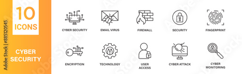 Cyber security icon set. Cyber security, email virus, firewall, security, fingerprint, icons. Outlined icon collection. Vector illustration.