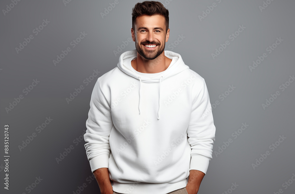 Handsome Man Smiling Confidently While Wearing a Stylish White Hoodie Against a Plain Gray Background in a Studio Setting Handsome Man Smiling Confidently While Wearing a Stylish White Hoodie Against a Plain Gray Background in a Studio Setting