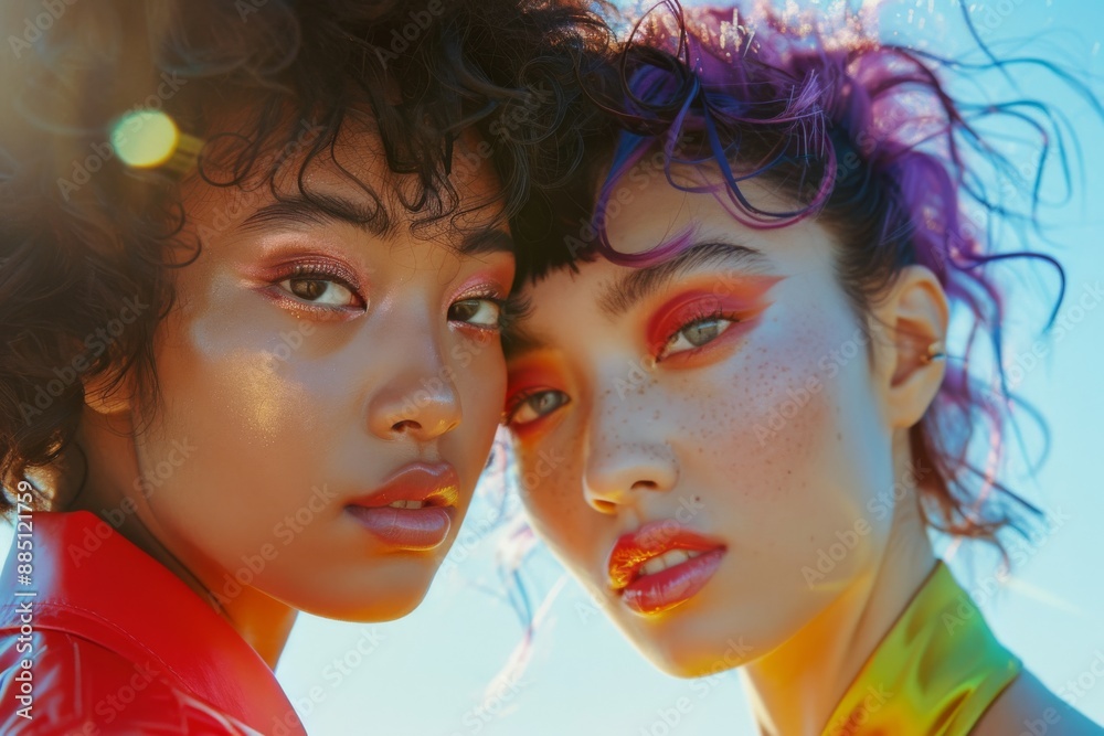 Two women with unique hairstyles, one with curly black hair and the other with purple hair, gaze at the camera with bold, colorful makeup Two women with unique hairstyles, one with curly black hair and the other with purple hair, gaze at the camera with bold, colorful makeup