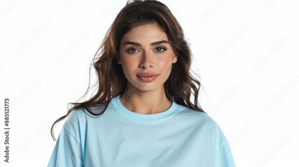 Latin american latina woman wearing plain pure light blue blank oversized crew neck loose t-shirt isolated on white background