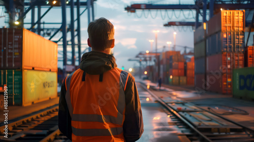 A worker in a safety vest stands at the freight port, overseeing the bustling activity of cargo handling and transportation.


