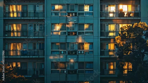 Sunlit windows of a Tokyo apartment building highlight the city's architectural design and urban landscape during the day.