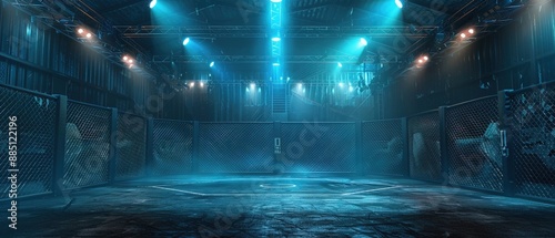 Professional mma cage arena with spotlights