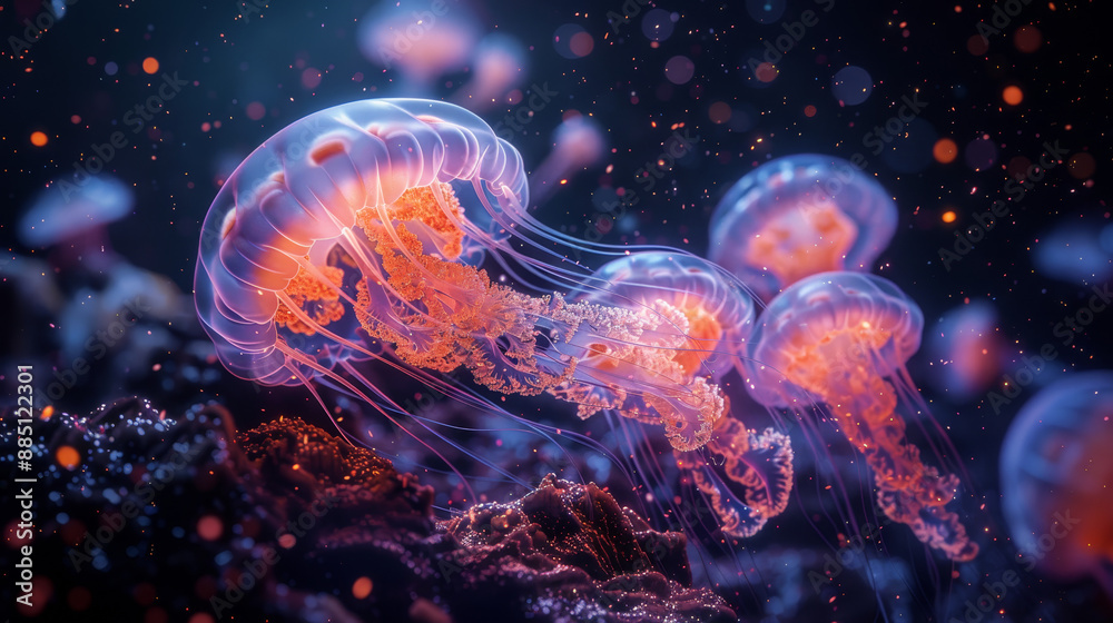 Naklejka premium An abstract magic mystic transparent glowing jellyfish underwater in the sea ocean or in the aquarium on dark background. Science Biotechnology biology background