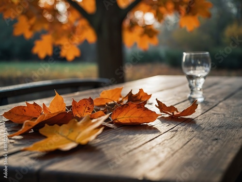 Orange Leaves on Table with Autumn Backdrop