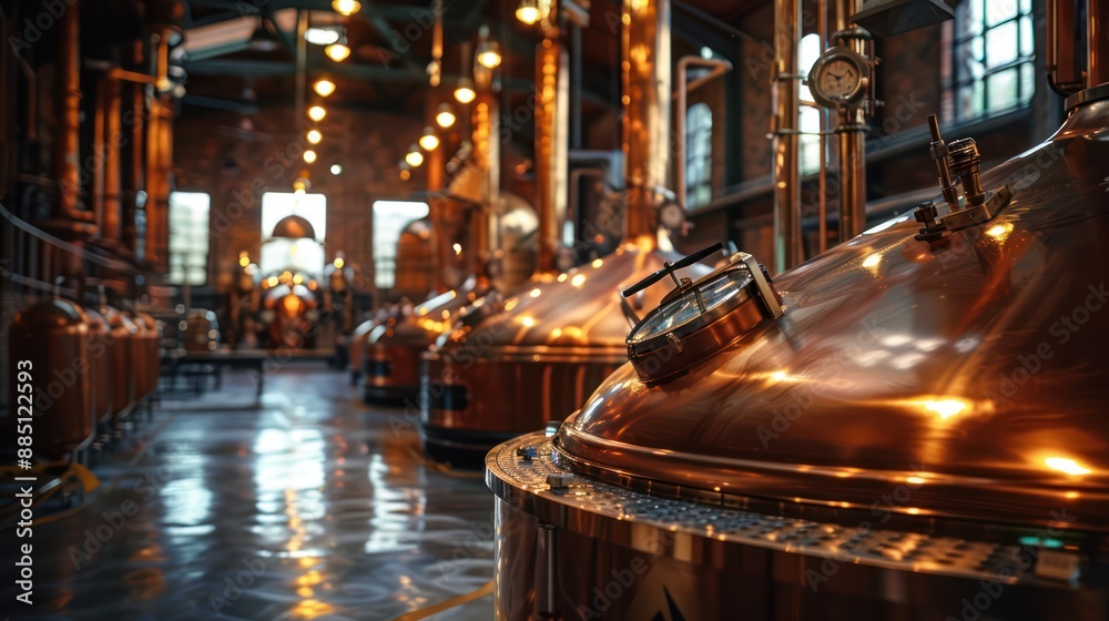 Beer production and spherical cooper storage tanks for beer fermentation and beer maturation.