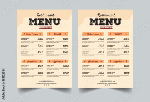 Restaurant Food Menu flyer with 2 page design concept layout template