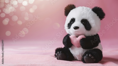 A stuffed panda bear holding a heart shaped toy on pink background, AI
