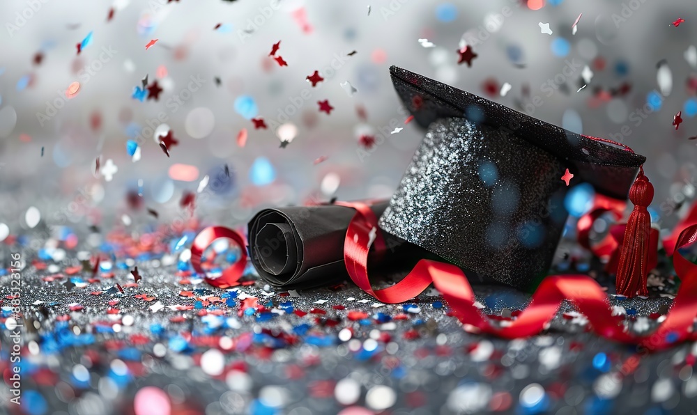 Graduation Cap Diploma Glitter Confetti On White Background Stock