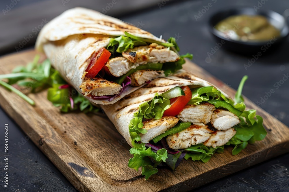 mouthwatering chicken and salad wrap presented on a rustic wooden board fresh ingredients and vibrant colors create an appetizing culinary scene mouthwatering chicken and salad wrap presented on a rustic wooden board fresh ingredients and vibrant colors create an appetizing culinary scene