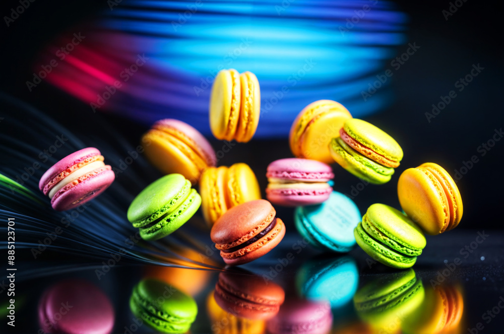 Obraz premium Falling macarons of different colors on a dark background.