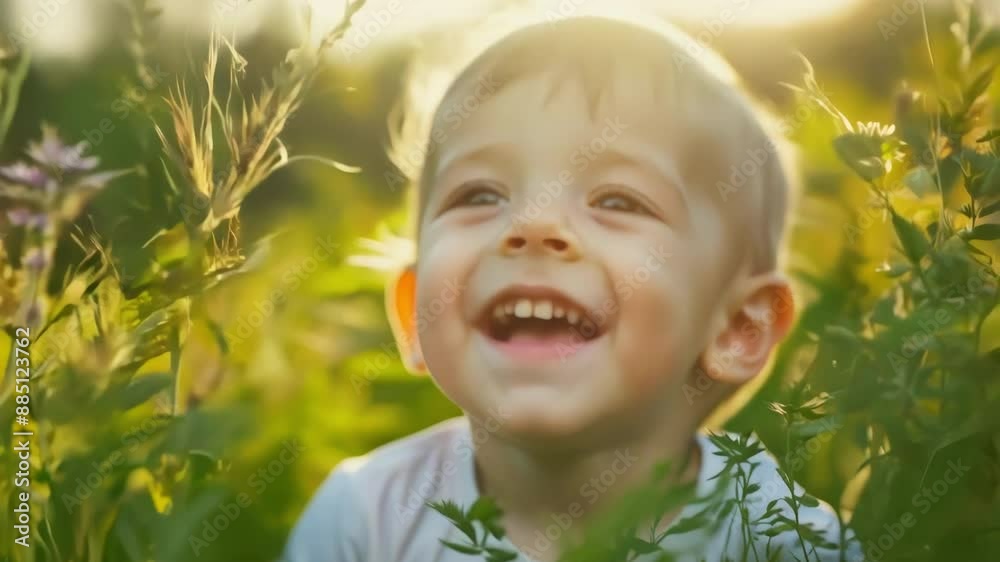 Happy child playing in a sunny field of tall grass Happy child playing in a sunny field of tall grass