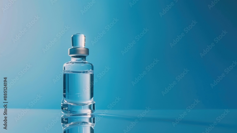 Glass vial with syringe hyaluronic acid Covid 19 drugs flu on blue liquid background Glass vial with syringe hyaluronic acid Covid 19 drugs flu on blue liquid background