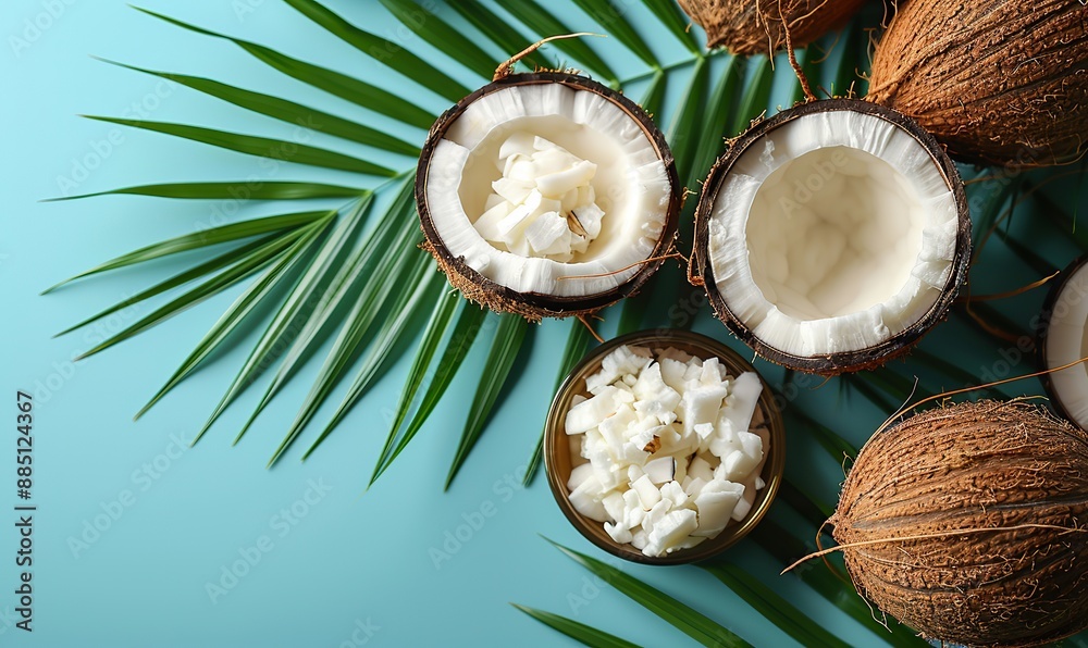 coconut oil cream,tropical palm leaf on blue background flat lay top view spa natural organic cosmetic moisturizer for hand or body coconut oil cream,tropical palm leaf on blue background flat lay top view spa natural organic cosmetic moisturizer for hand or body